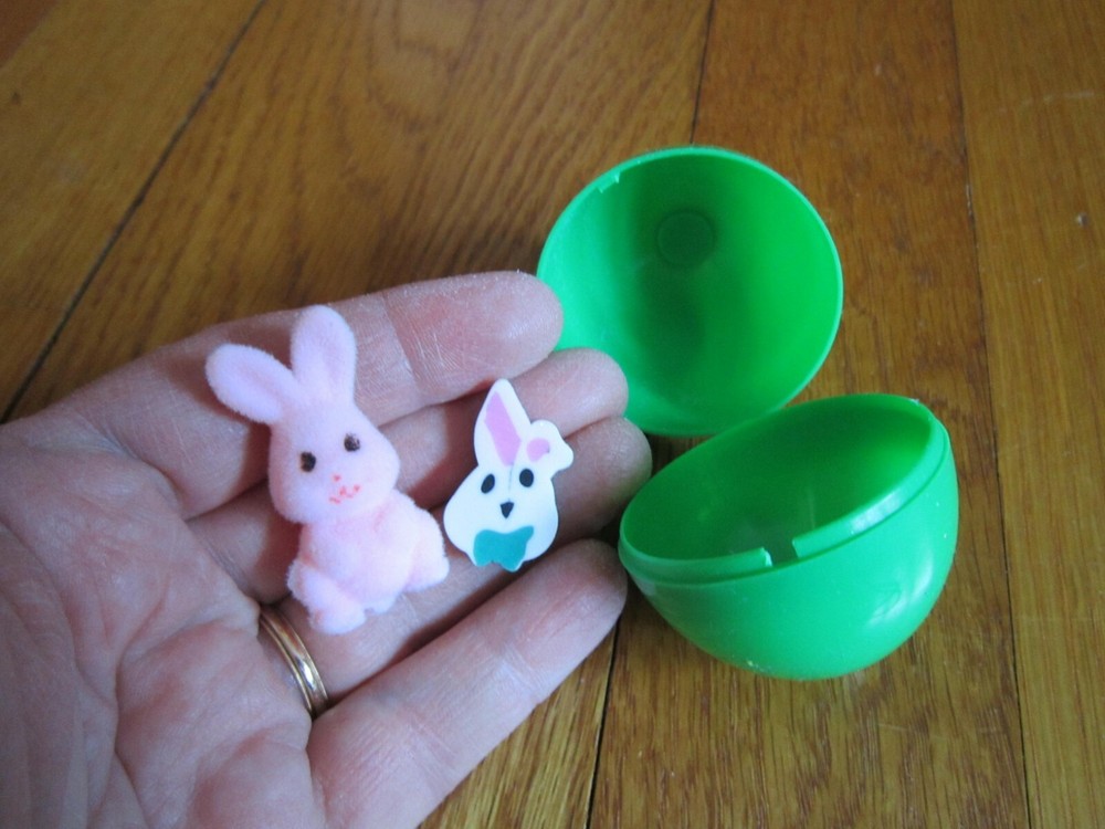 Easter Bunny Tiny Pink Flocked & Rabbit Head Eraser UNUSED in Plastic Egg