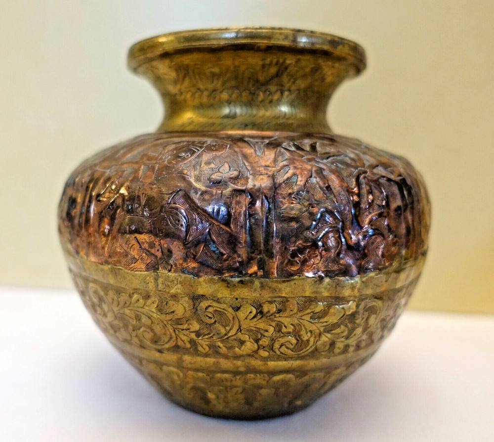 2OD69 -- MIDDLE EASTERN COPPER & BRASS REPOUSSE BOWL JAR 5" HIGH handmade