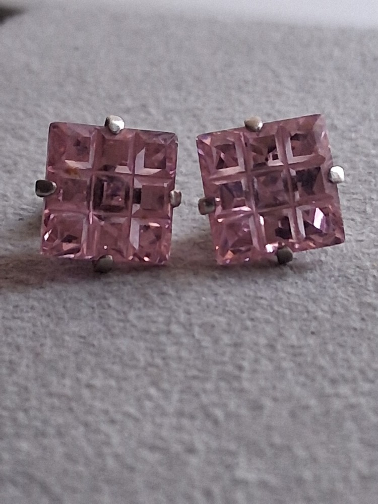 Sterling silver invisible cut pink stone grid pattern stud earrings, prong set