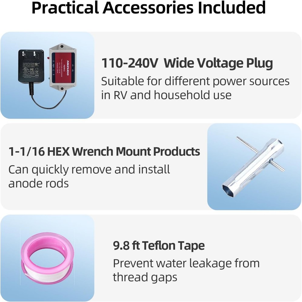 Powered Anode Rod for All RV / Home Water Heater - Stops Rotten Egg Smell