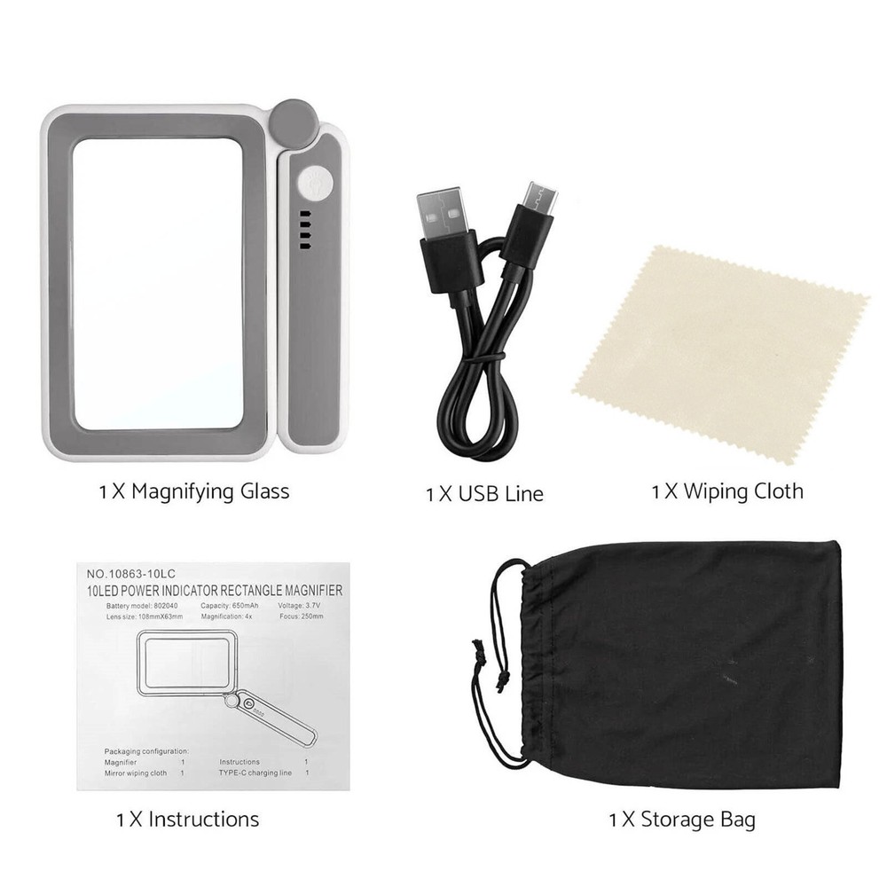 Rechargeable Rectangular Magnifier 4x 10 Led Light Touch Control For Needlework