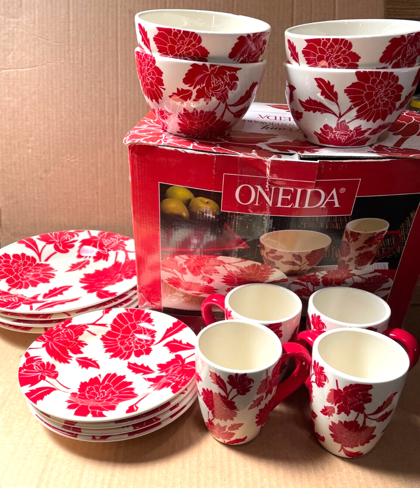 Set of 16 Pieces Oneida Retired Pattern Peony Earthenware Dinnerware Dish Set