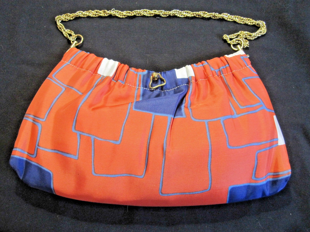 1970's orange & blue rectangle patterned clasp purse with chain - GROOVY!