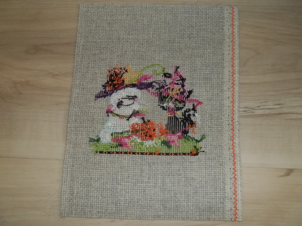 Haunted Tea Party Cross Stitch Completed Cat & Ghost