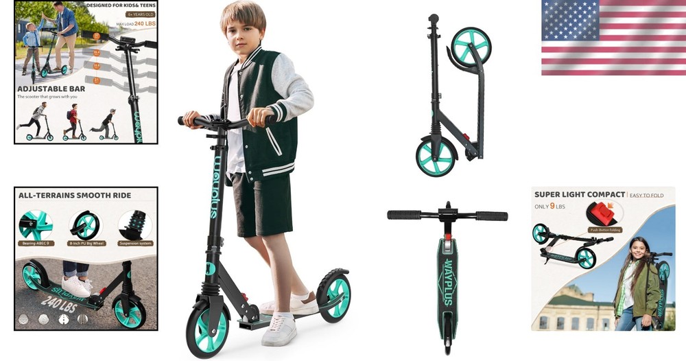 Adjustable Kick Scooter for 6+ with Non-Slip Deck & Quick Folding - 240 LB Limit