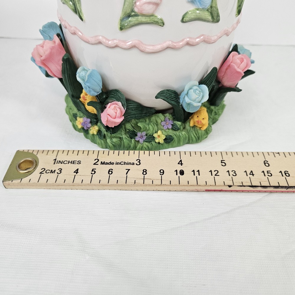 Vtg Bunny Tulip flowers Candy jar hand painted Ceramic easter spring decor