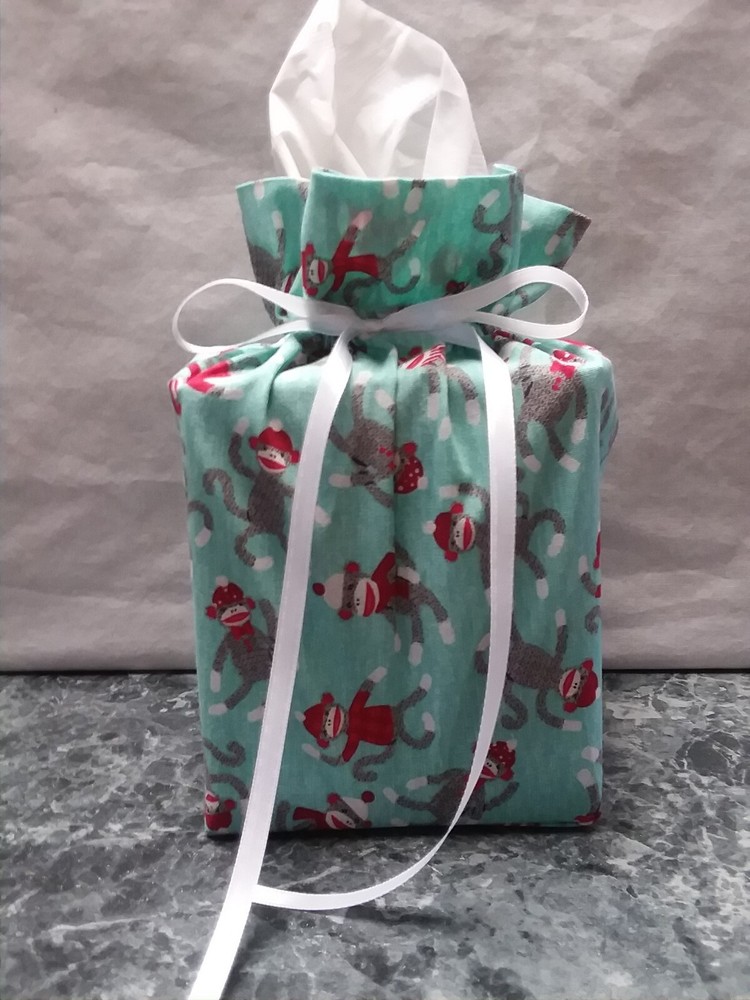 Sock Monkey on aqua Cotton Fabric Handmade square Tissue Box Cover