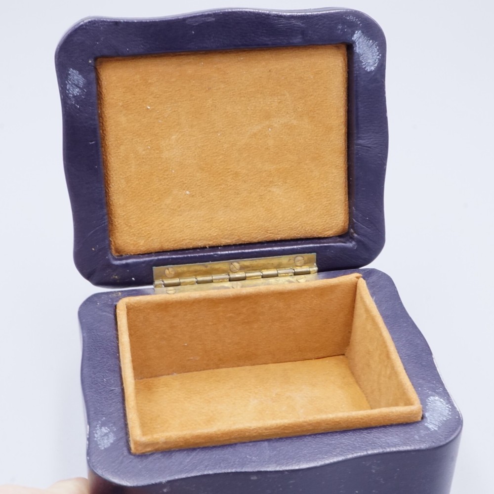 Sterling Silver Repousse Plaque Blue Leather Lined Trinket Box