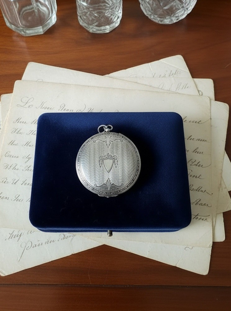 Antique Large Locket Sterling OES Round Engine Turned Shield Inscribed 1925