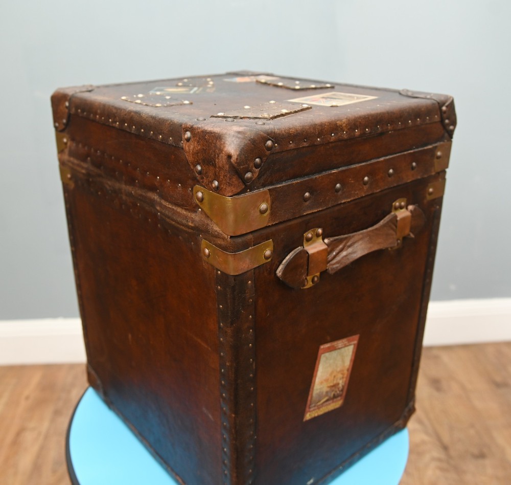 Leather Steamer Trunk Case Vintage Side Table