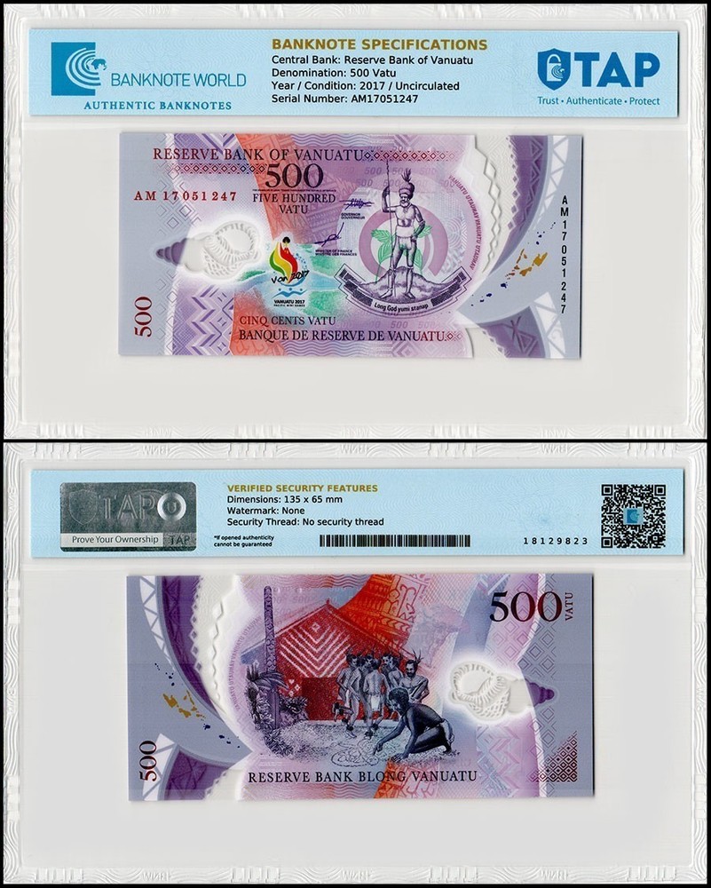 Vanuatu 500 Vatu, 2017, P-20, UNC, Commemorative, Polymer, TAP Authenticated