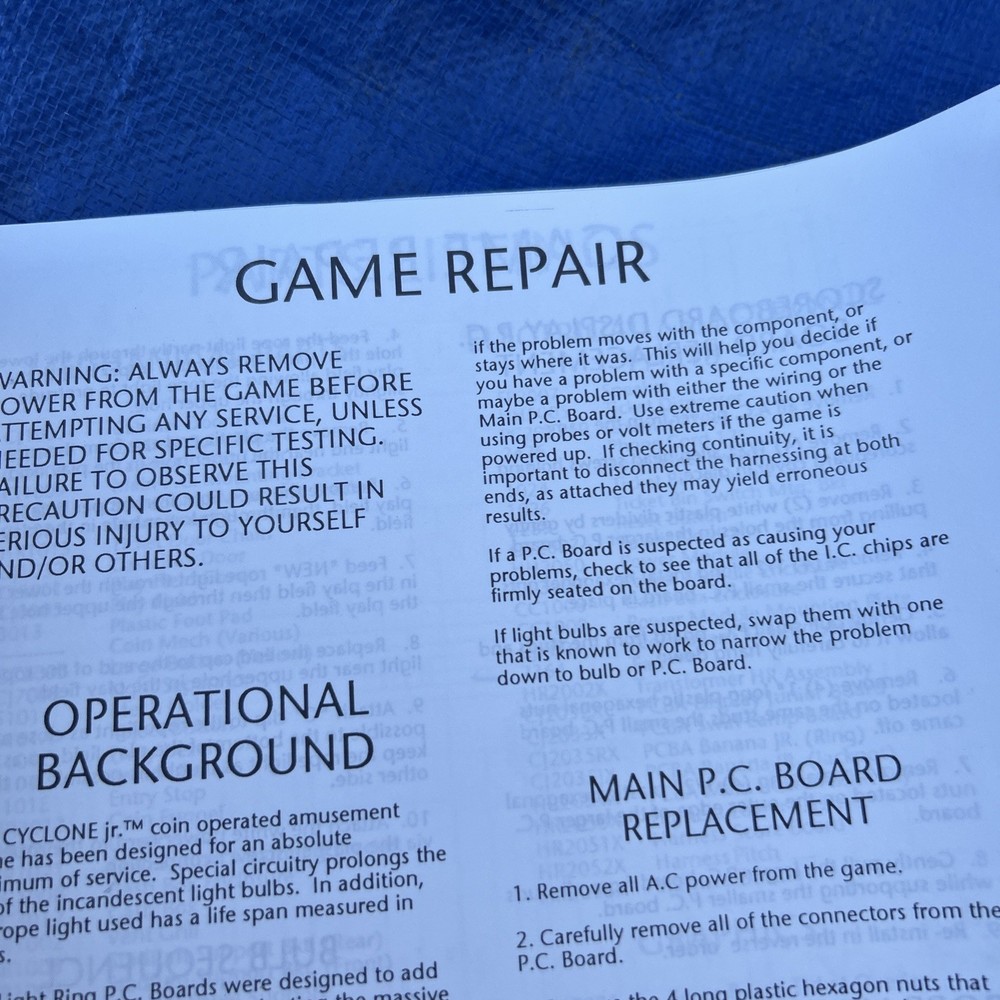 CYCLONE JR arcade game manual