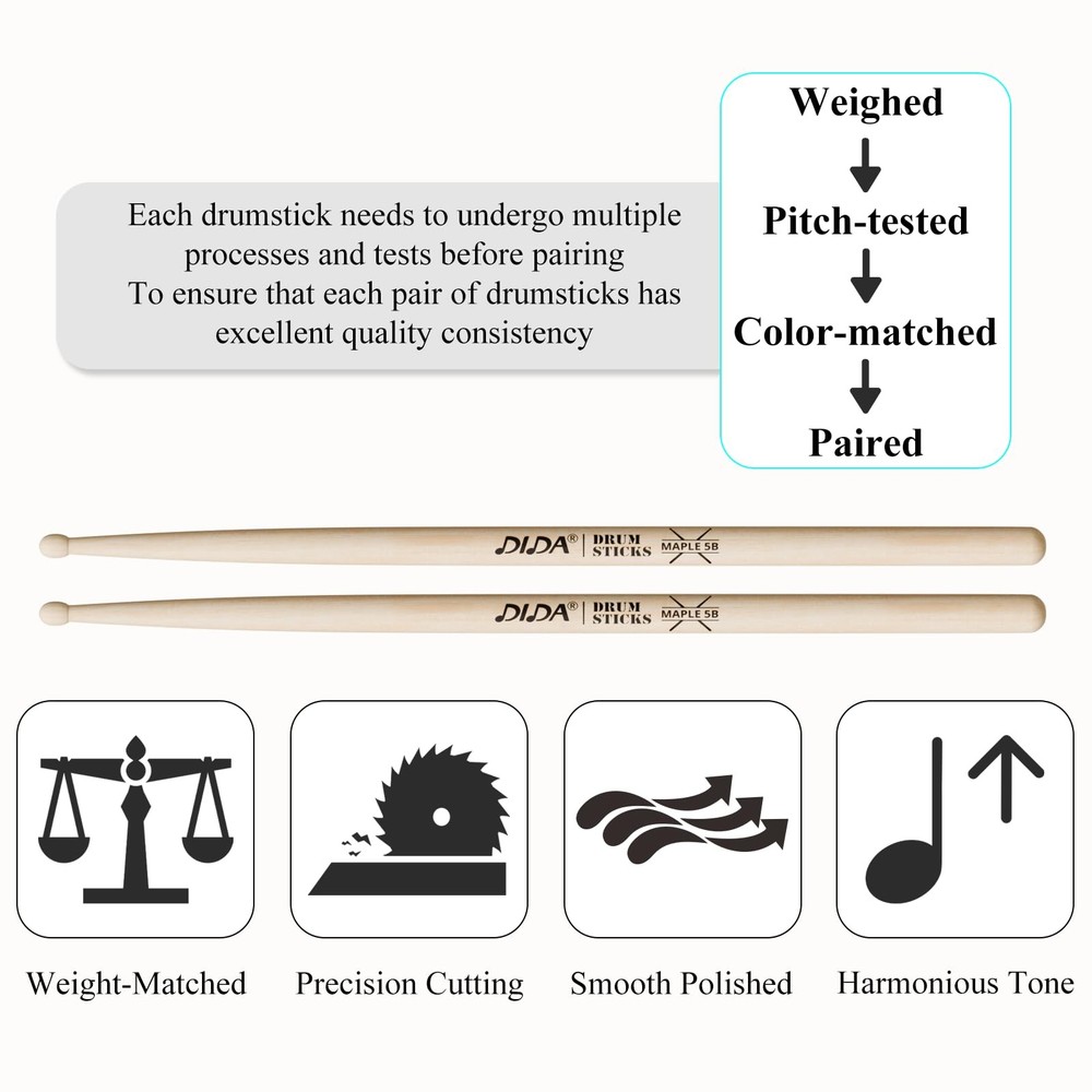 Drum Sticks, Drumsticks for Drum, Maple Wood Drumsticks, Tip 5b, 1 Pair