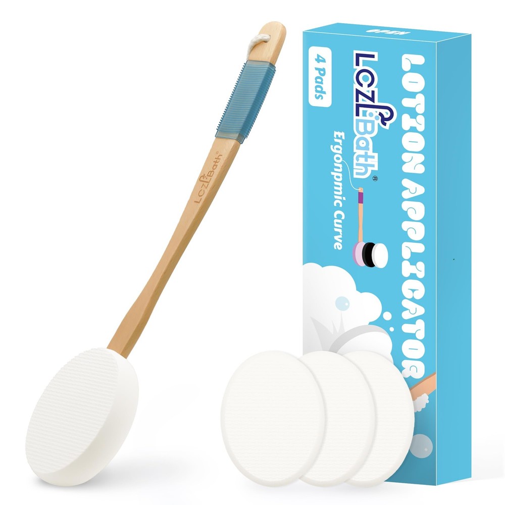 Bath Lotion Applicator with Long Handle & 4 Replaceable Pads for Easy Use