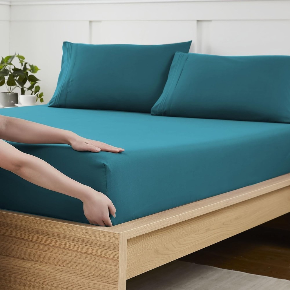 Full Size Fitted Sheet - Soft Breathable Teal Brushed Microfiber, 16 Inch Depth