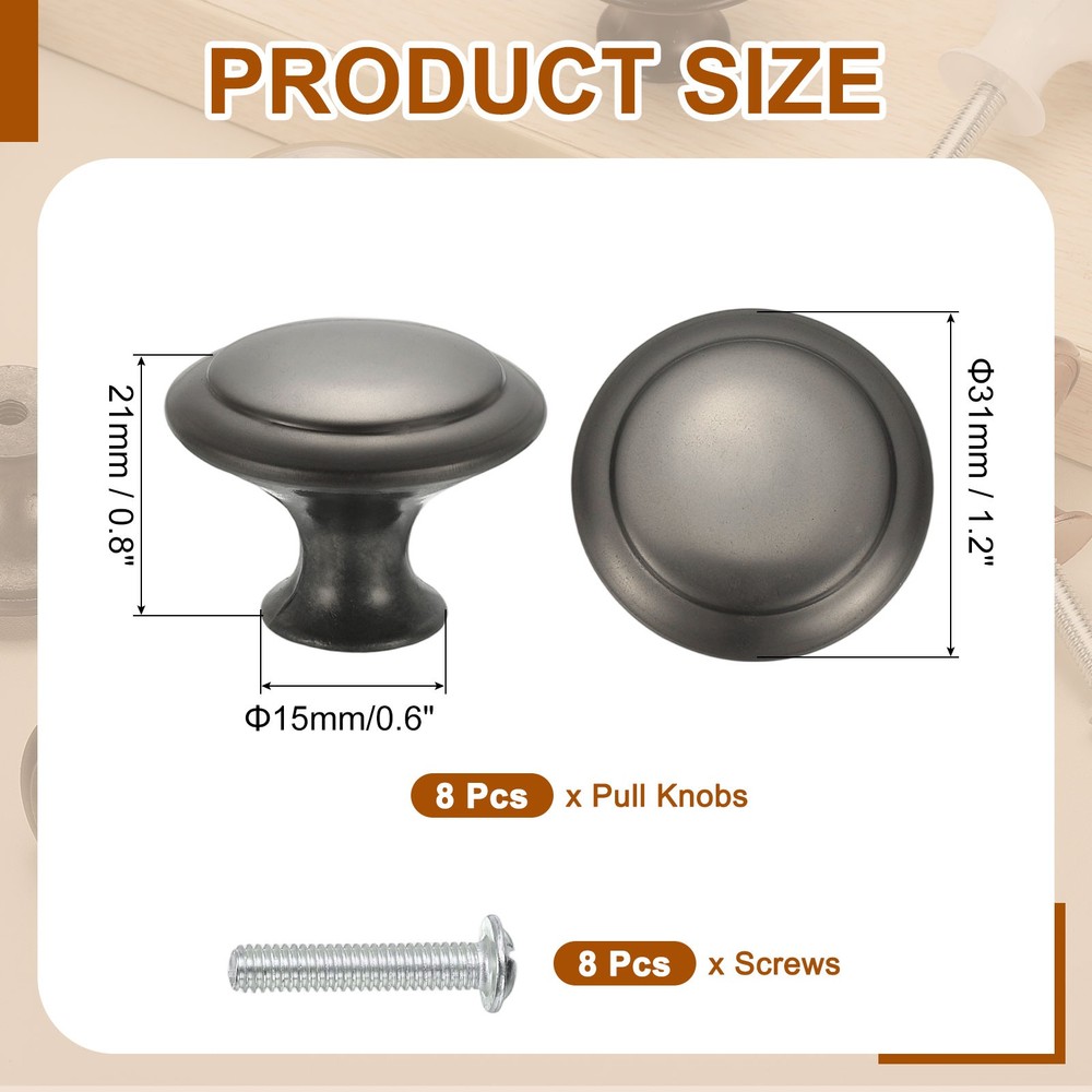 8 Pcs Stainless Steel Knobs, Single Hole Pull with Screw, 30mm Gray