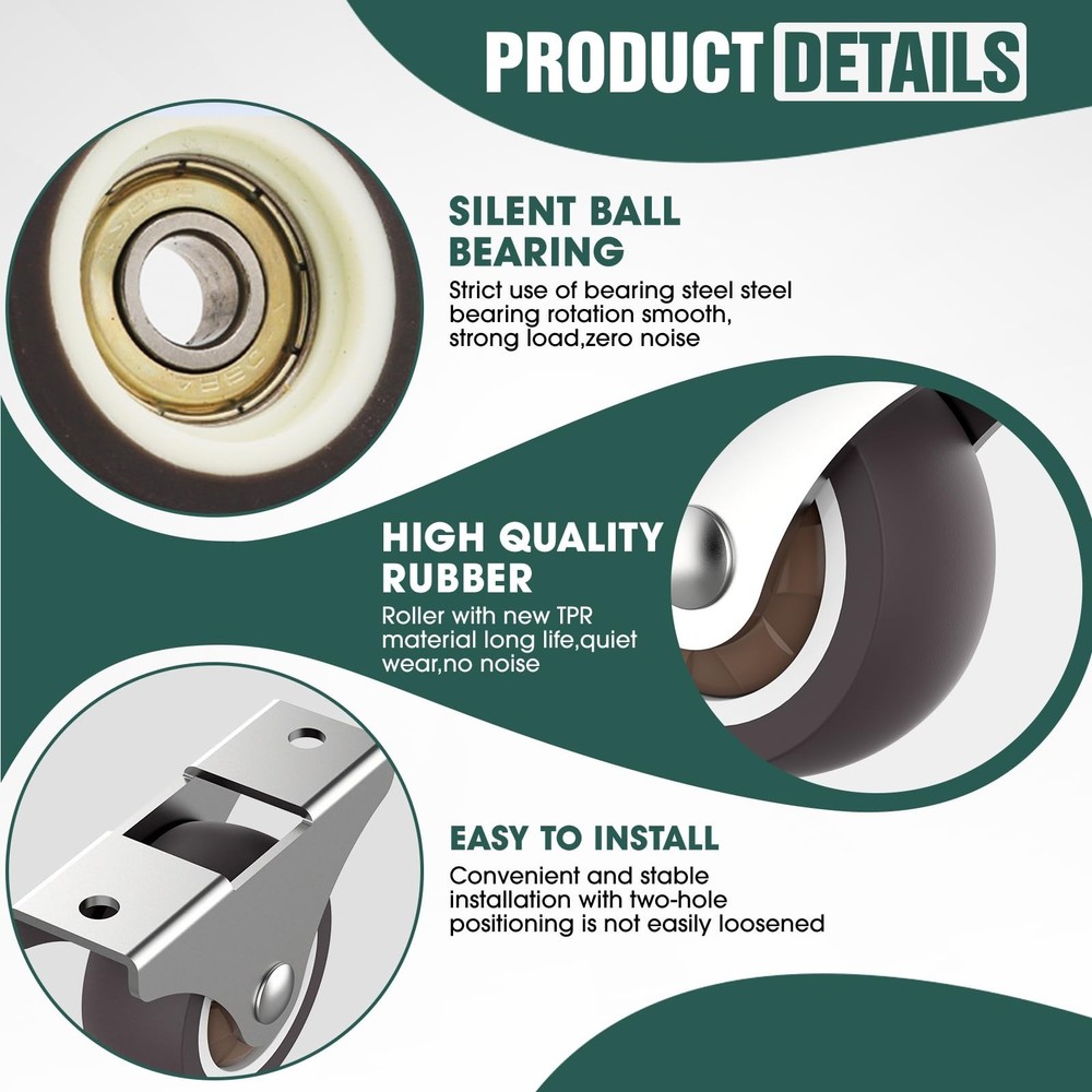 2 Inch Rubber Caster Wheels, Low Profile Casters, Mini Fixed and Quiet Rollin...