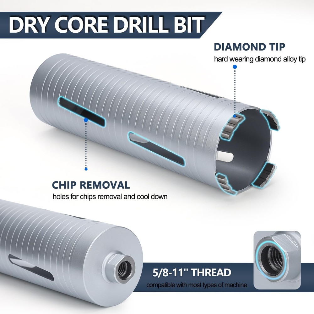 2 inch Diamond Dry Core Drill Bit, 10" Drilling Depth, 5/8"-11 Thread Core Drill