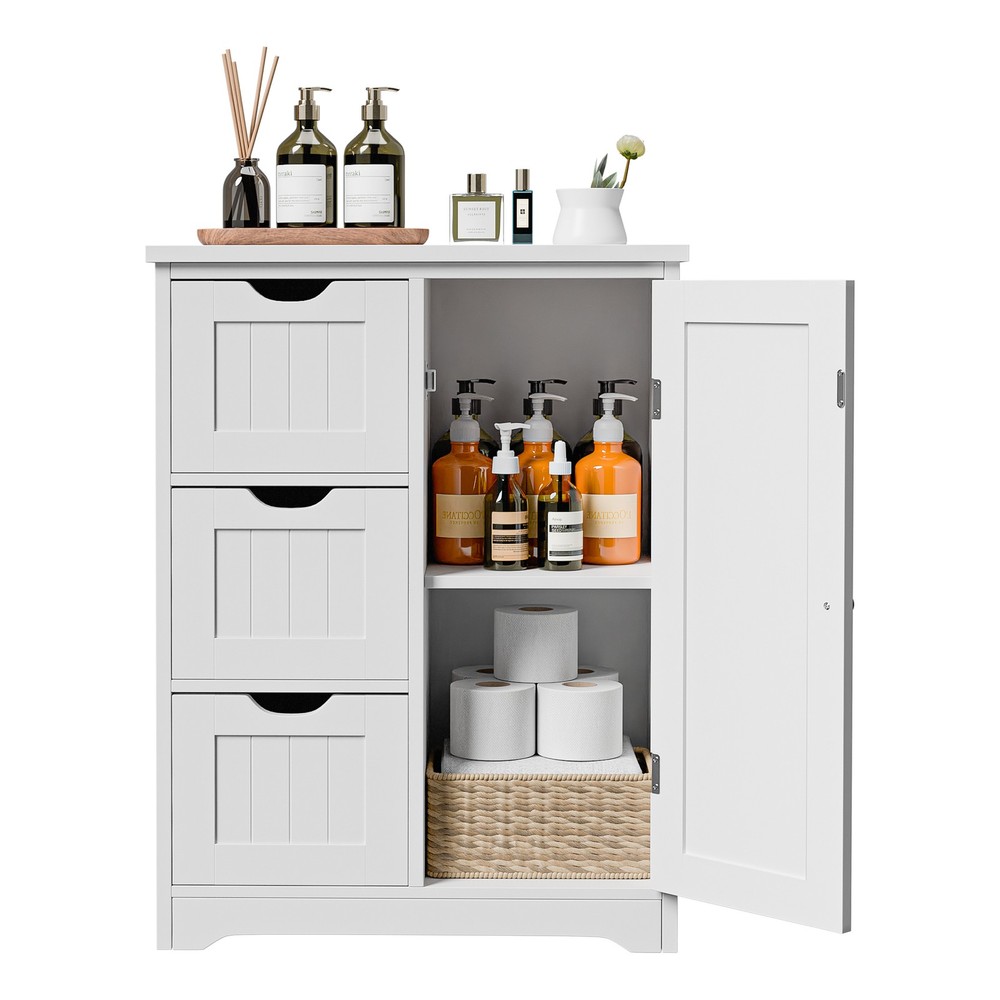 Bathroom Storage Floor Cabinet Organizer with Adjustable Shelf & Drawer White