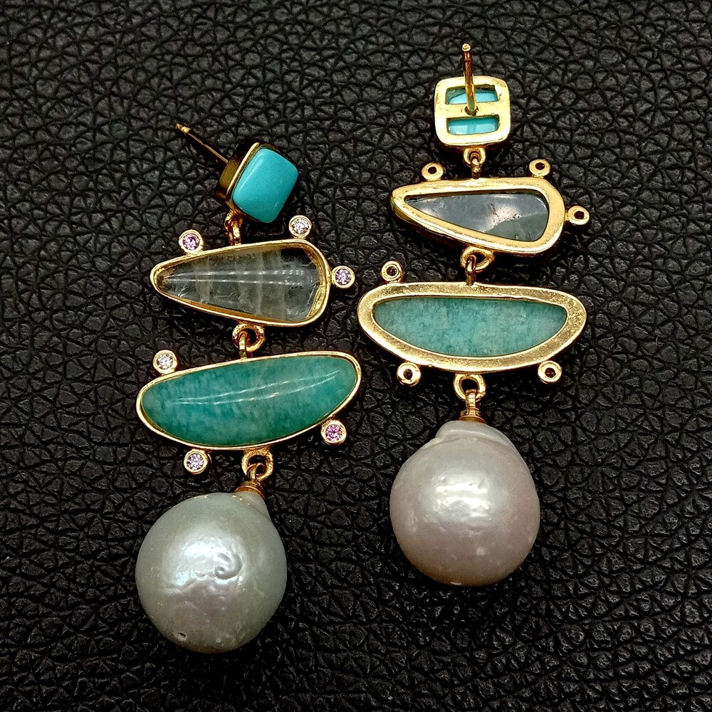 Freshwater White Pearl Blue Turquoise Green Amazonite Dangle Stud Earrings