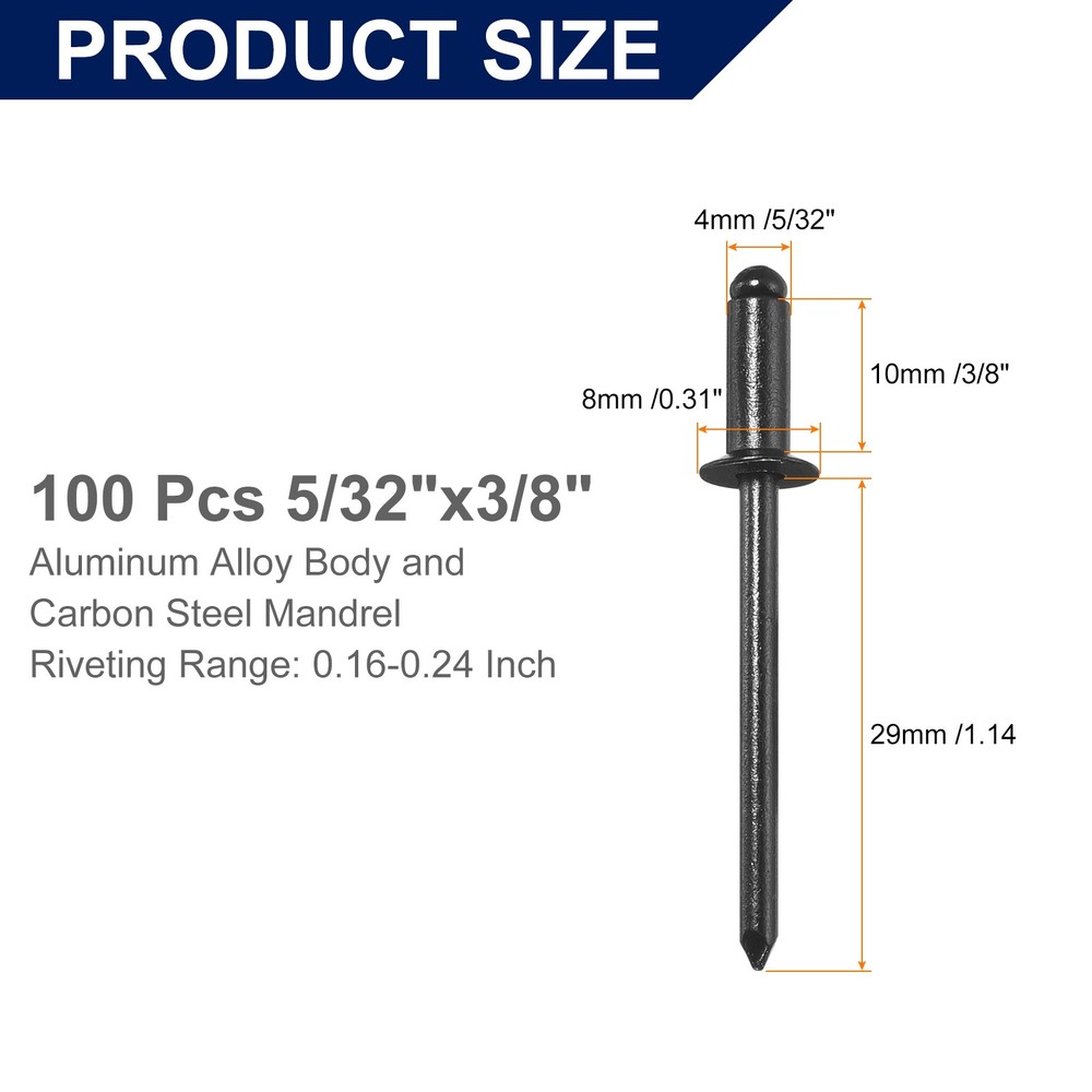 100Pcs 5/32"x3/8" Aluminum Blind Rivets, Countersunk Head Split Rivets, Black