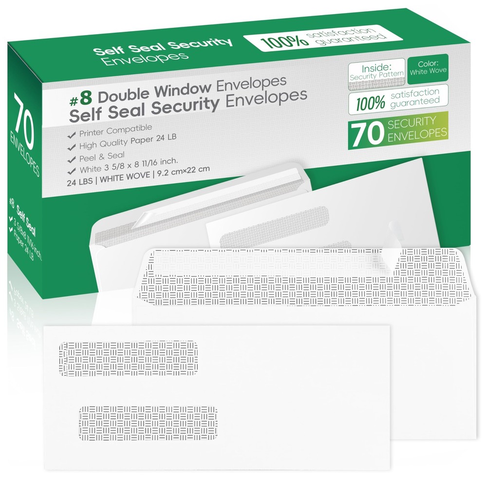 70 Pack #8 Double Window Security Check Envelopes Self-Seal Business Envelopes