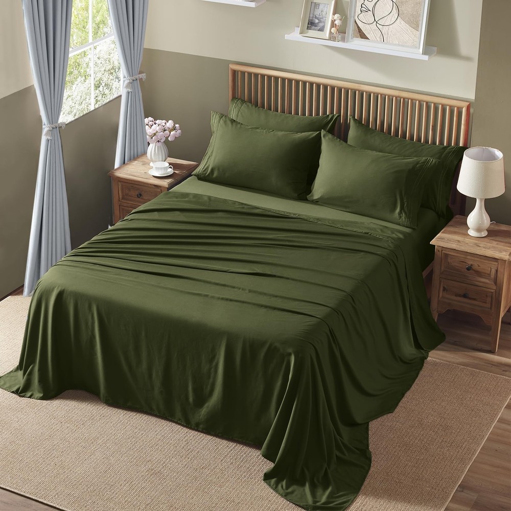 Extra Deep Pocket Queen Size Sheets Set, 6 Pieces Soft Olive Green Sheets 18-...