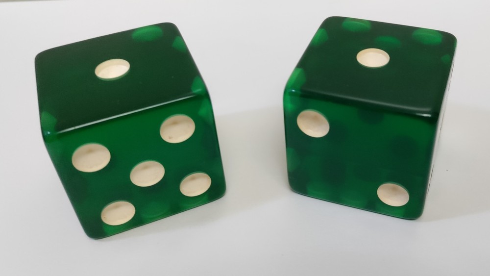 Vintage 1-1/2" Bakelite Catalin Oversized Dice Pair - Translucent Green