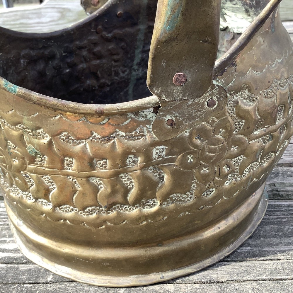 Vintage Hammered Brass Coal Scuttle Coal Bucket With Movable Handle