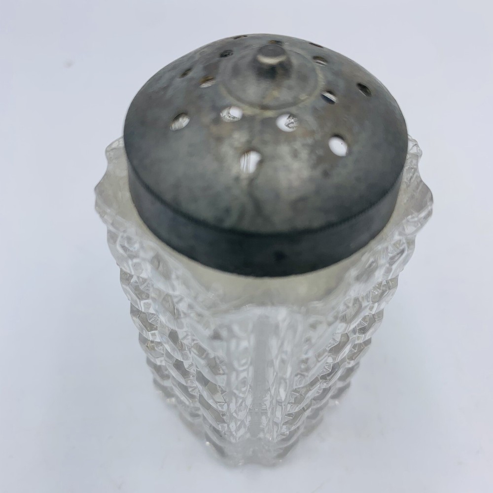 Pair EAPG Clear Glass Salt Pepper Shakers Square Diamond Hexagon Pattern