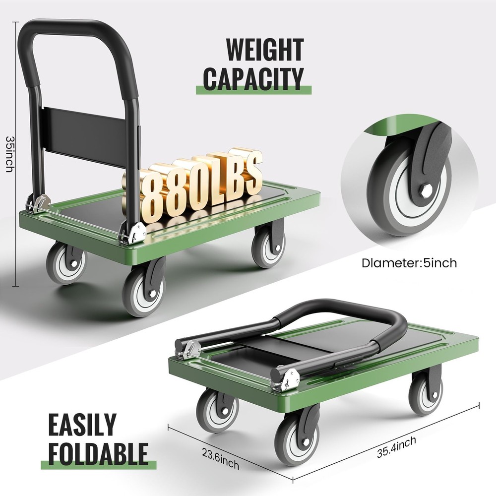 Upgraded Foldable Push Cart Dolly | 880 lbs. Capacity Moving Platform Hand Tr...