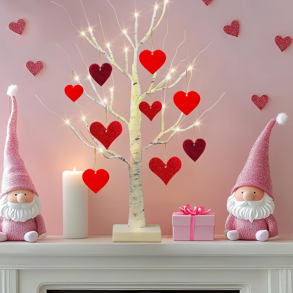 Valentines Day Decorations Indoor,2 Pack 2 FT White Lighted Birch Tree with Led