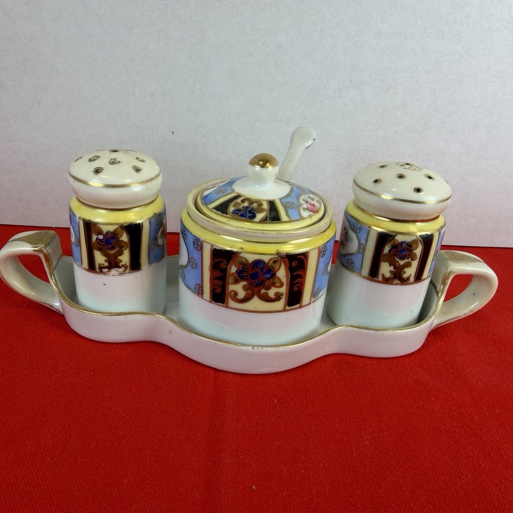 Noritake Lusterware Hand Painted Condiment Set Salt Pepper  Jar Spoon Plate 6 Pc