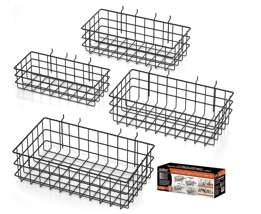 Peg Board Bins and Baskets 4 Pack Square Style 4 Size Pegboard Baskets and Bins