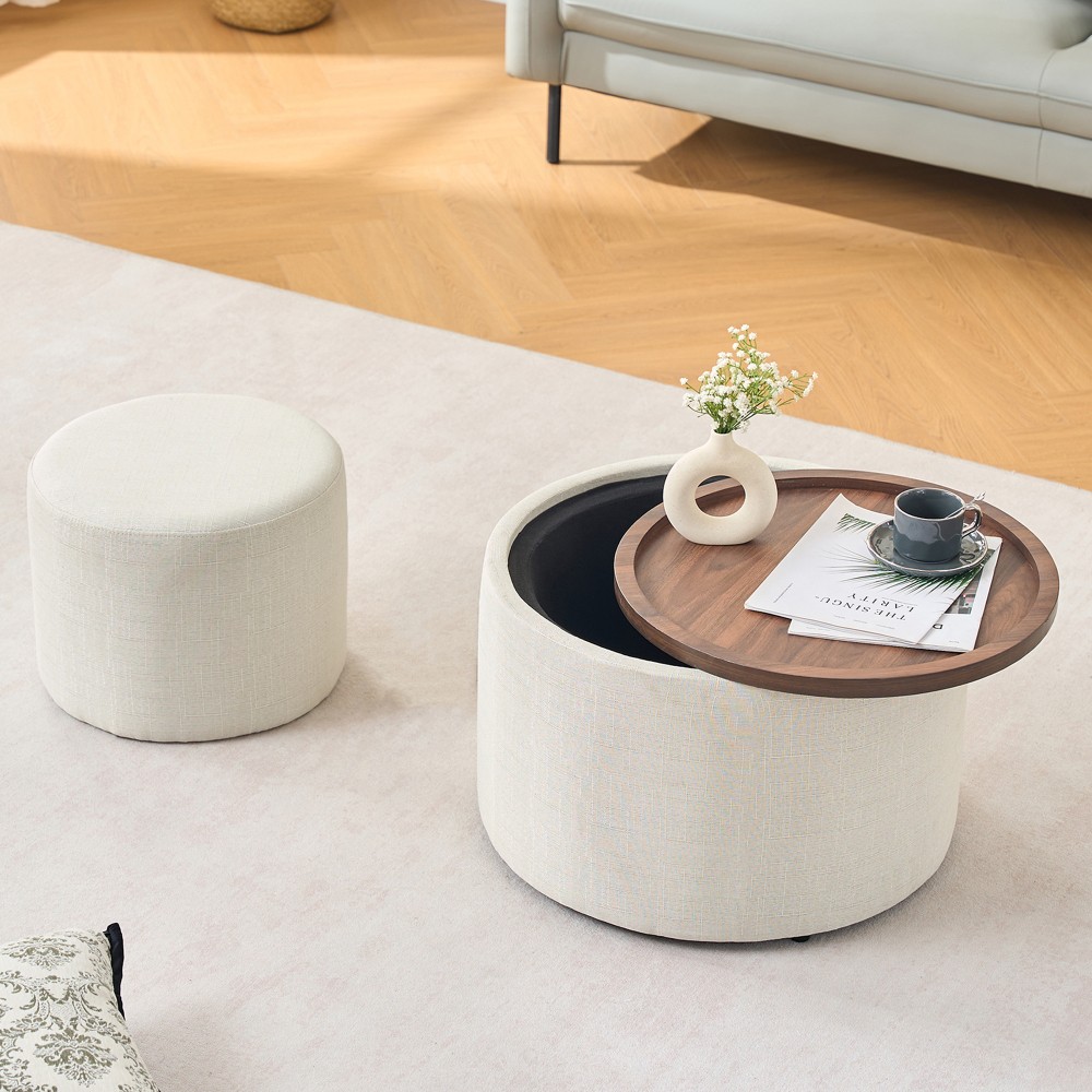 Ball & Cast Nesting Storage Coffee Table & Bench, Linen Upholstered Footstool