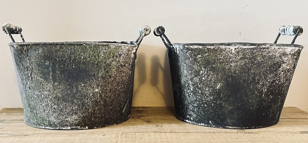 2 Metal Planters/Storage Containers With Handles Textured Weathered Rustic