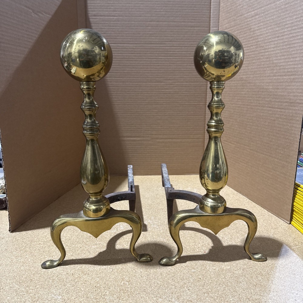 Vintage Solid Brass Fireplace Andirons Ball Finial Colonial Hearth Pair