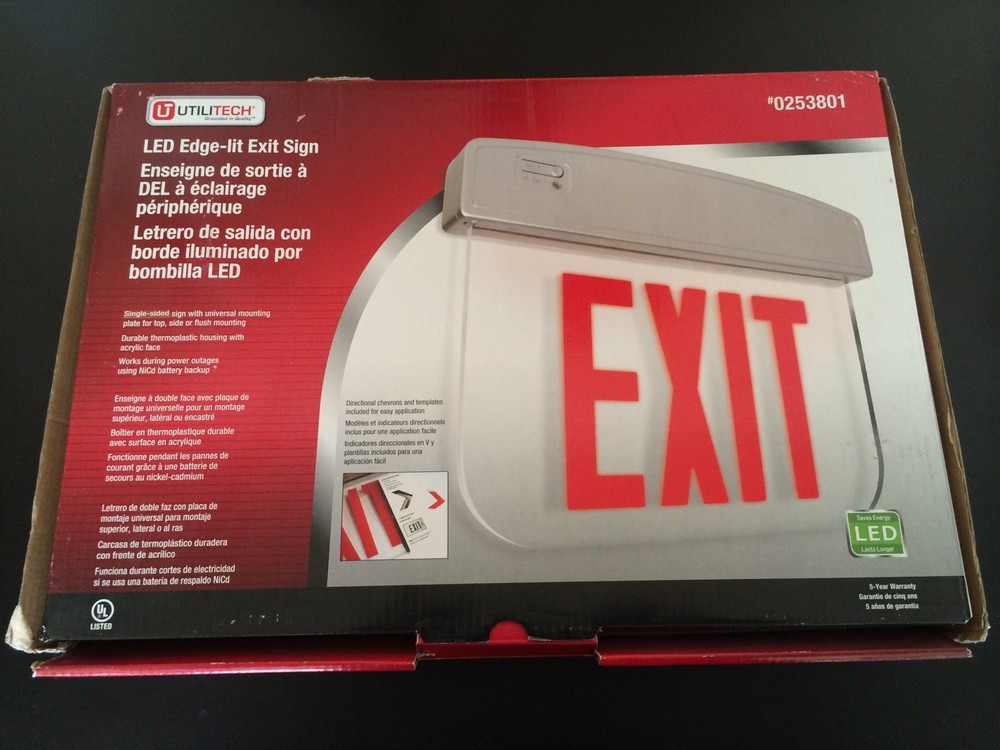 Utilitech 0253801 LED edge Lit Exit Sign Red Lettering Universal Mounting Plate