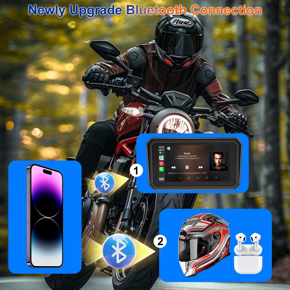 6" Motorcycle Carplay with GPS System, TPMS, Wireless BT, Loop Rec & Emer Lock
