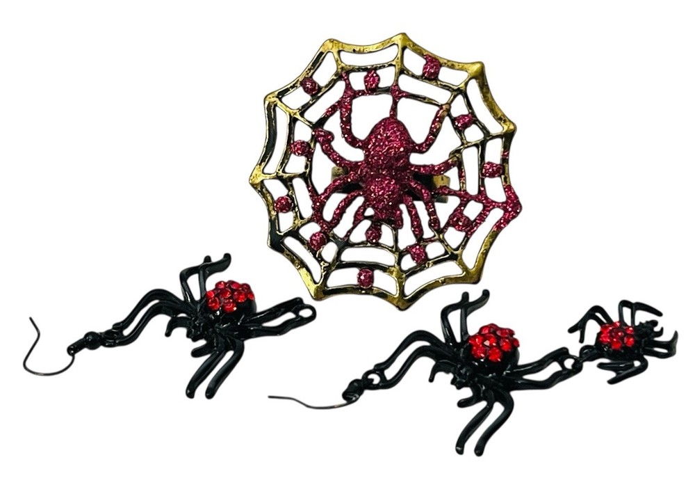 HALLOWEEN RED BLACK SPIDER EARRINGS, WEB RING ADJUSTABLE RHINESTONES WIRE DANGLE