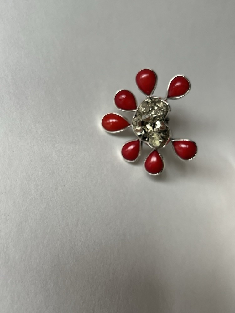 Pyrite & Red Coral Ring 925 Sterling Silver Adjustable Artisan Statement