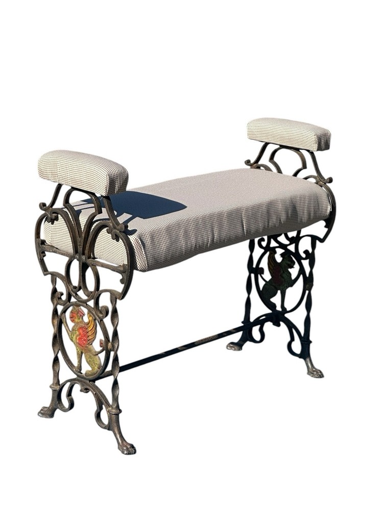 ANTIQUE ART DECO CAST IRON VANITY WINDOW BENCH WITH POLYCHROME GRIFFIN ELEMENTS