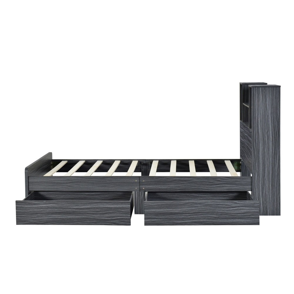 Twin Size Bed Frame Wood Platform Bed with Storage Shelf & Drawer & LED Light US