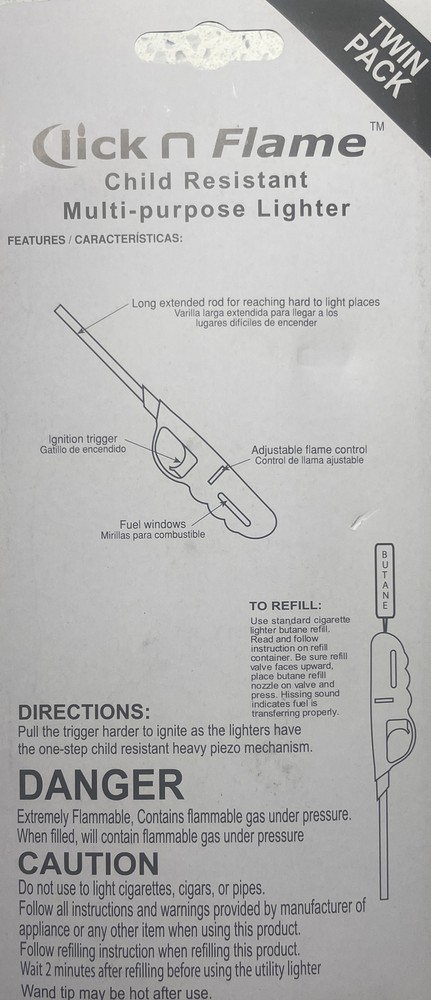 2-PACK CLICK N FLAME REFILLABLE CHILD RESISTANT MULTI PURPOSE LIGHTERS, NEW