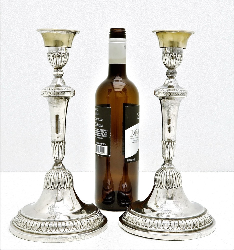 Set  2 Marked Genoa Italy Solid Silver Neo-Classical Candle Sticks c 1790 crest