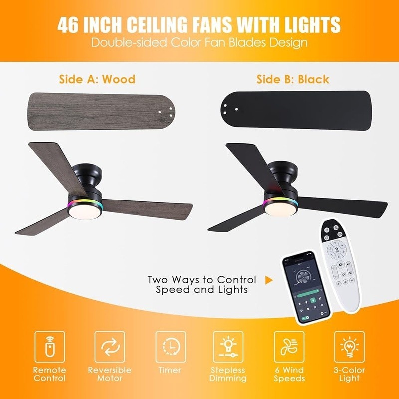 Modern Ceiling Fan W/ Light Remote Control Reversible Motor Dimmable Flush Mount