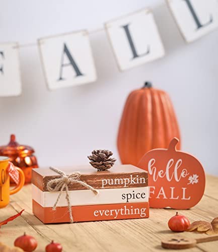 Fall Wood Book Stack, Fall Thanksgiving Decorations Tiered Hello Fall & Pumpkin