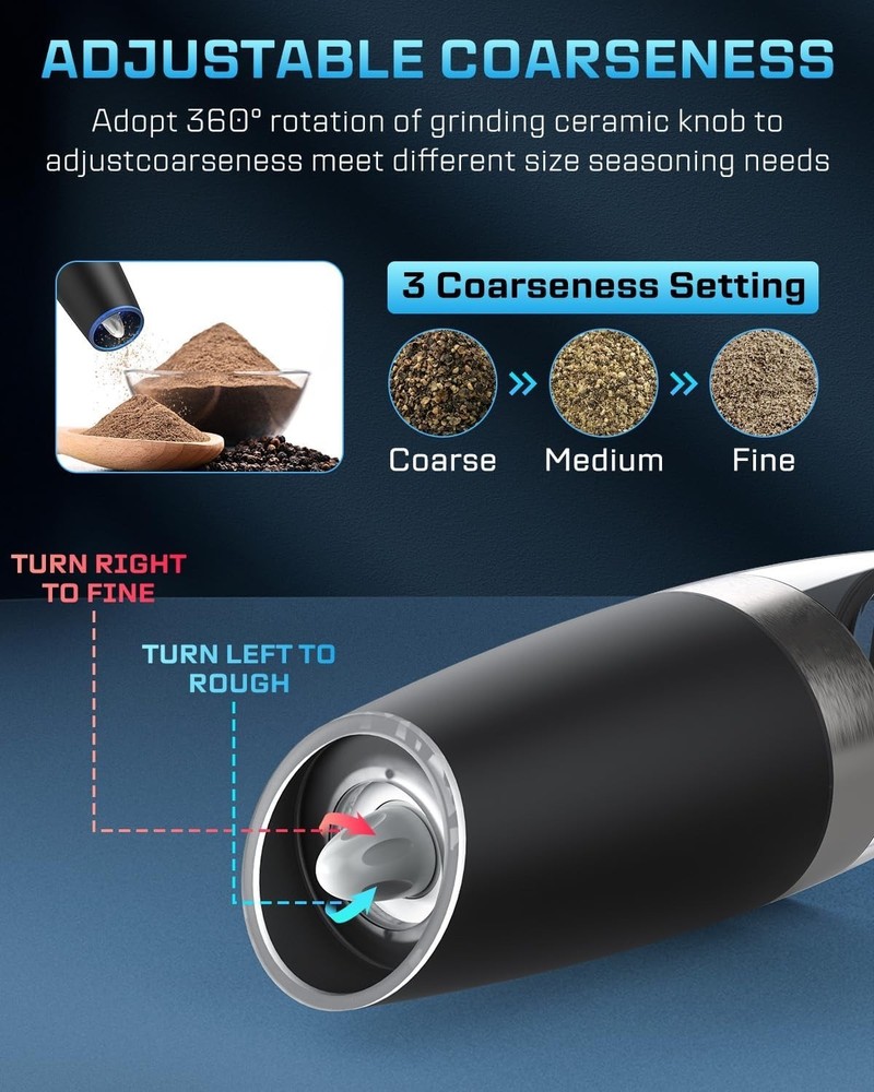 Elegant Black Gravity Sensor Electric Grinder Set - USB Rechargeable Spice Mill