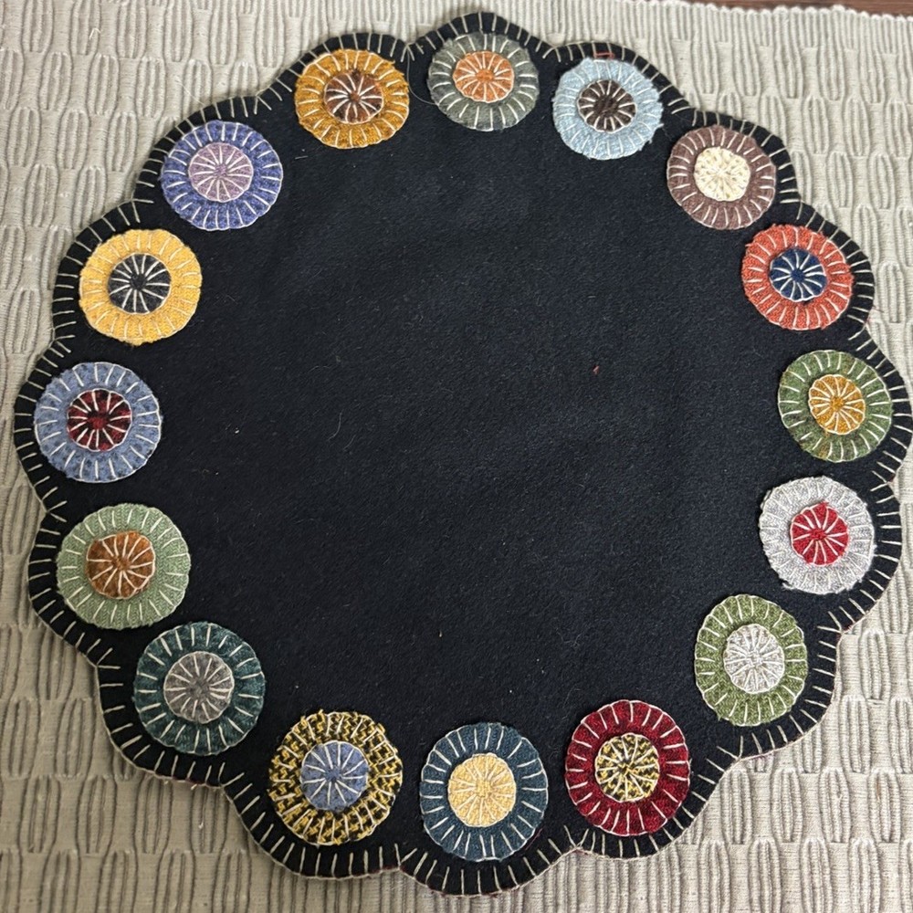 Hand Stitched Primitive Wool Penny Candle Mat 11”