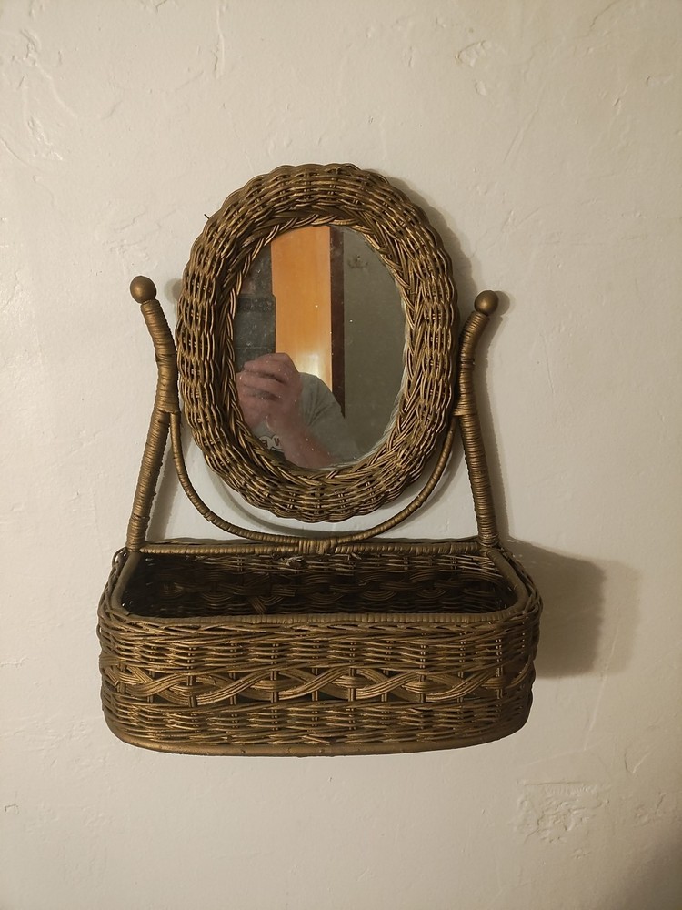 Vintage Wicker Vanity Mirror Basket